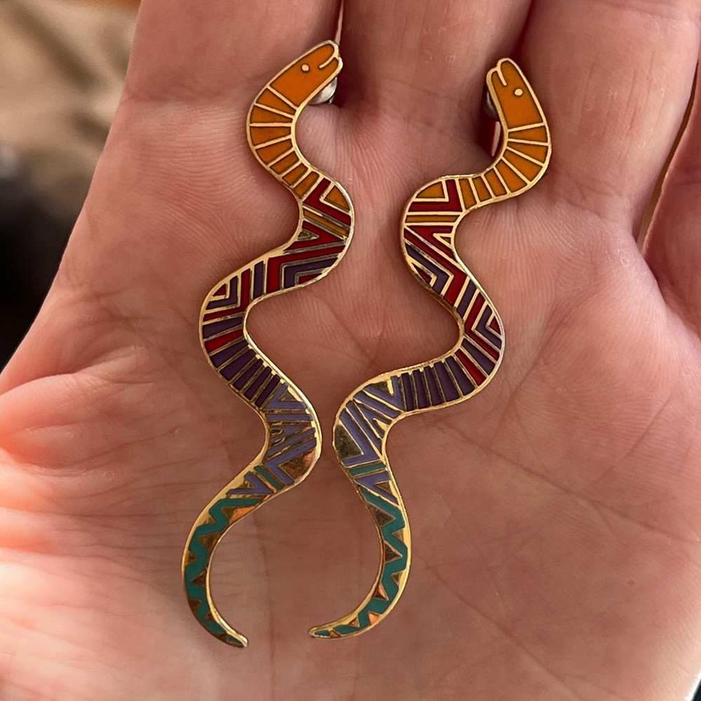Vintage Laurel Burch snake earrings cloisonne - Picture 4 of 9